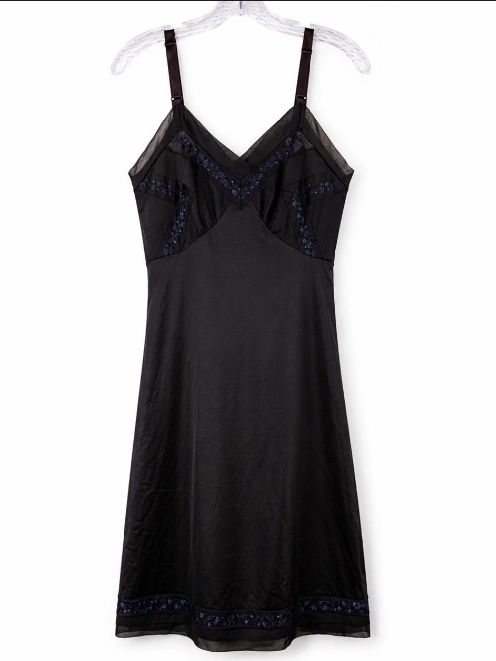 Vintage Kayser Lucite Black Nylon Embroidered Slip Dress Size 38